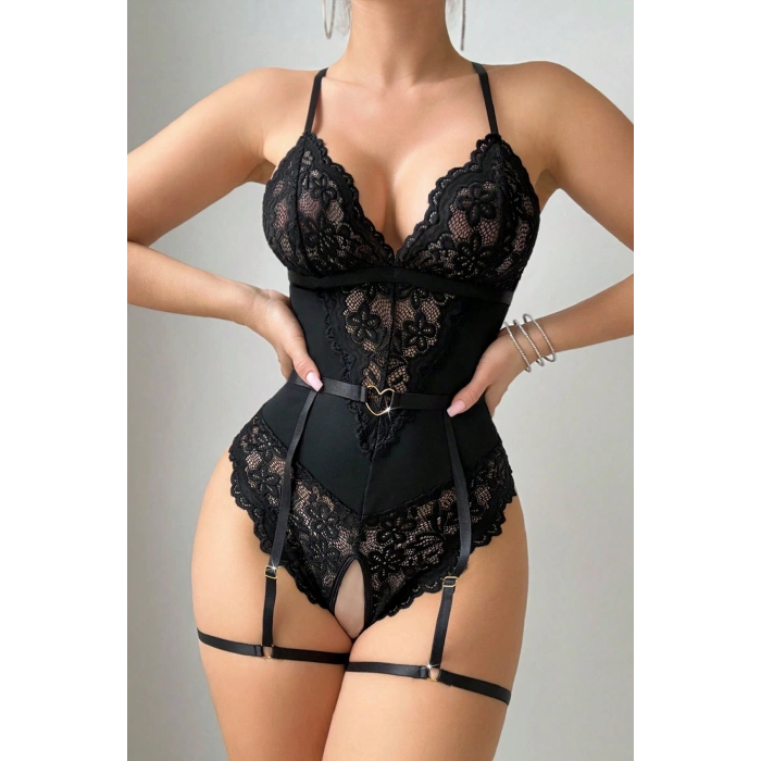 MARSiLYAN- Kadın Siyah Dantel Jartiyerli Bodysuit Gecelik - Kemer Detaylı