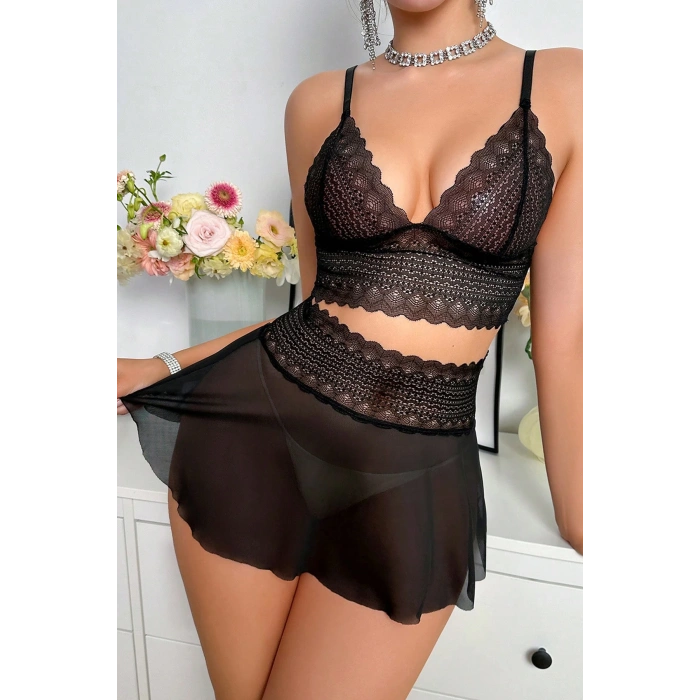 MARSiLYAN- Kadın Siyah Dantel ve Tül Detaylı Etekli Şık Gecelik Takımı