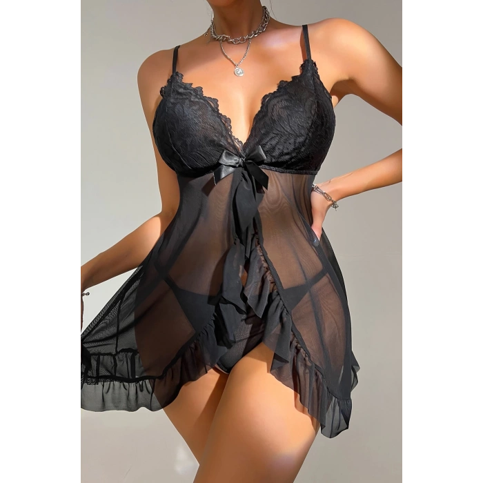 MARSiLYAN- Kadın Siyah Dantelli, Fırfırlı Tül ve Fiyonk Detaylı Tangalı Gecelik Takımı