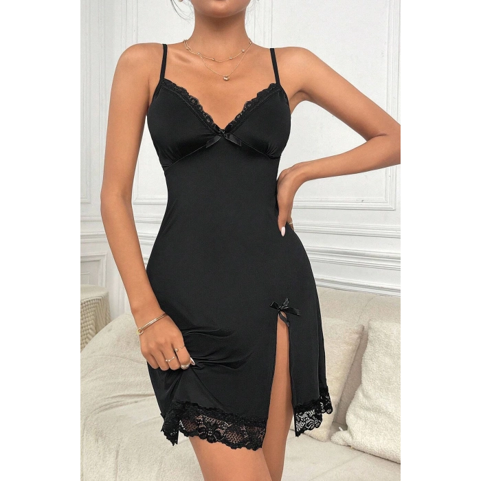 MARSiLYAN- Kadın Siyah Dantelli Fiyonklu ve Yırtmaçlı Şık Gecelik