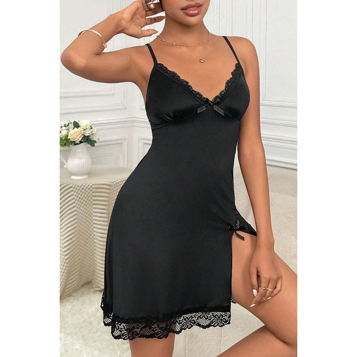 MARSiLYAN- Kadın Siyah Dantelli Fiyonklu ve Yırtmaçlı Şık Gecelik