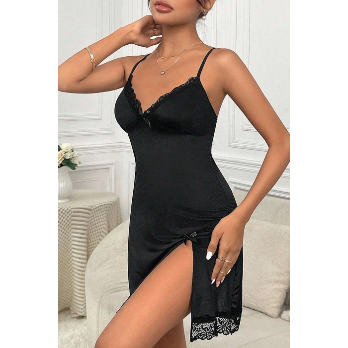 MARSiLYAN- Kadın Siyah Dantelli Fiyonklu ve Yırtmaçlı Şık Gecelik