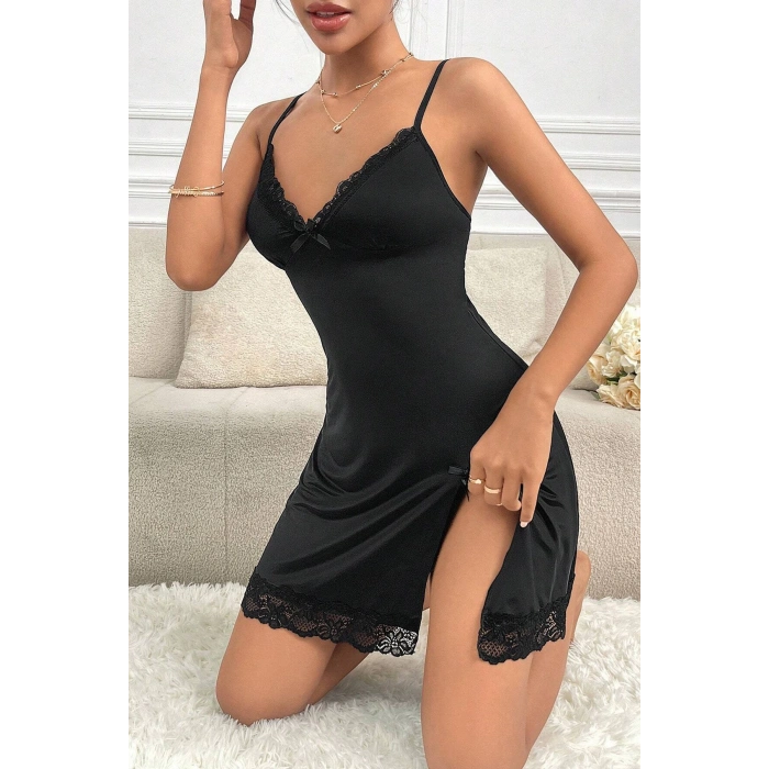 MARSiLYAN- Kadın Siyah Dantelli Fiyonklu ve Yırtmaçlı Şık Gecelik