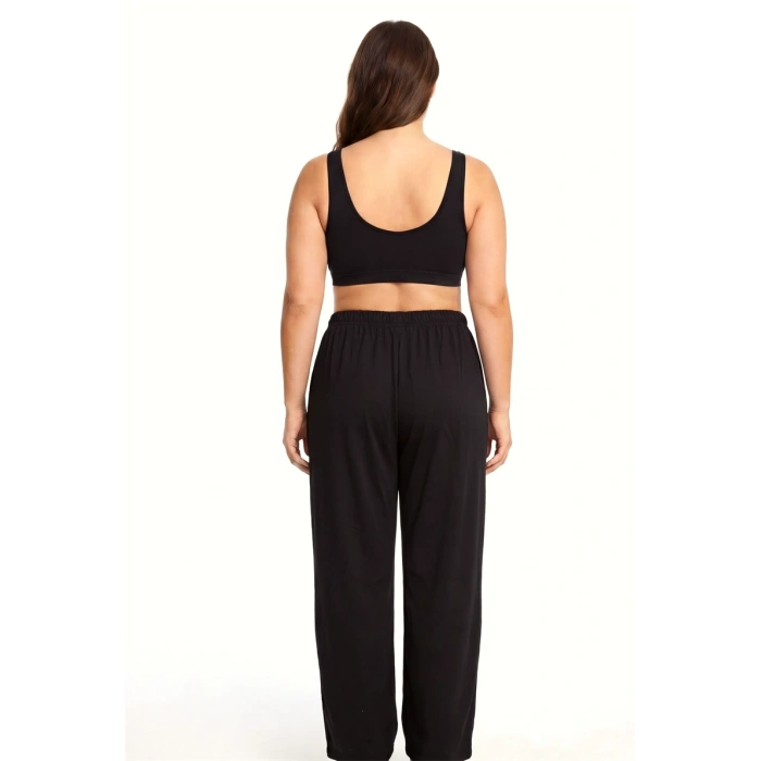 MARSiLYAN- Kadın Siyah Dokulu Büyük Beden Cepli Pijama Altı Rahat Kesim Esnek Bel Günlük Ev Giyim Alt