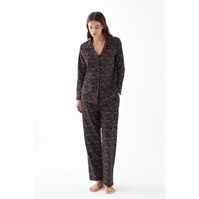 MARSiLYAN- Kadın Siyah Düğmeli Kalp Desenli Pamuklu Pijama Takımı