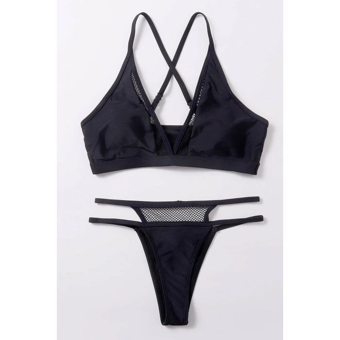MARSiLYAN- Kadın Siyah File Detaylı Özel Bikini Takımı
