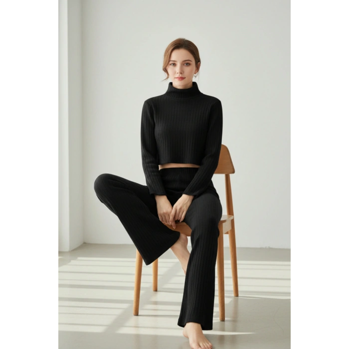 MARSiLYAN- Kadın Siyah Fitilli Eşofman Takımı – Crop Uzun Kollu Üst & Paça Pantolon, Şık Günlük Set