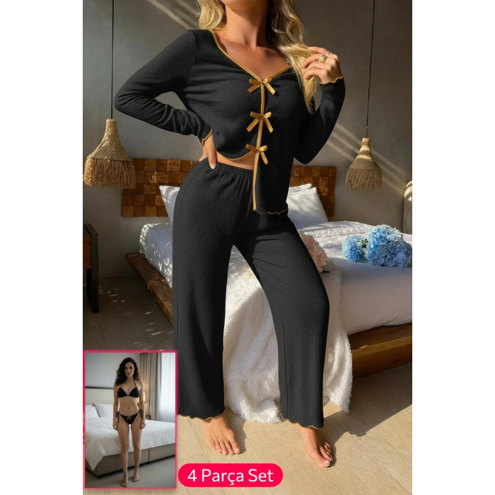 MARSiLYAN- Kadın Siyah Fiyonklu İç Çamaşırı ve Uzun Kollu V Yaka Pijama Takımı 4lü Set