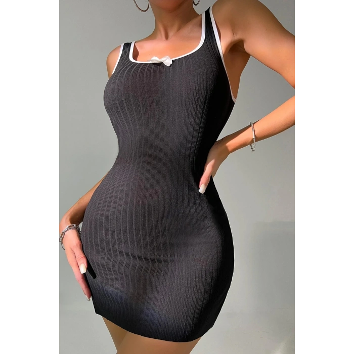 MARSiLYAN- Kadın Siyah Fiyonklu Kaşkorse Gecelik Ve Tanga Takım