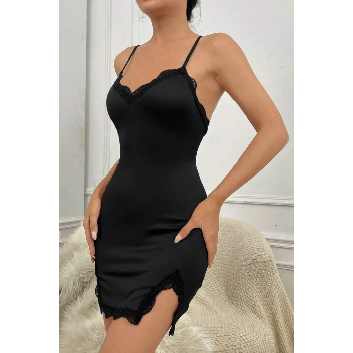 MARSiLYAN- Kadın Siyah Göğsü ve Bacakları Dantelli Yırtmaçlı Şık Gecelik