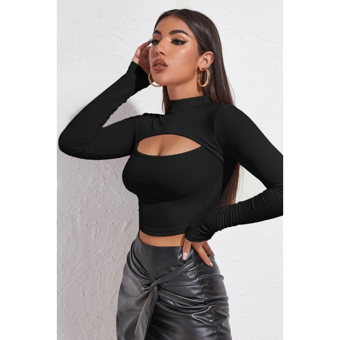 MARSiLYAN- Kadın Siyah Göğüs Dekolteli Uzun Kollu Cut Out Crop Top Bluz