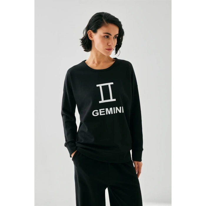 MARSiLYAN- Kadın Siyah İkizler Burcu Oversize 2 İplik Eşofman Ev Giyim Takımı