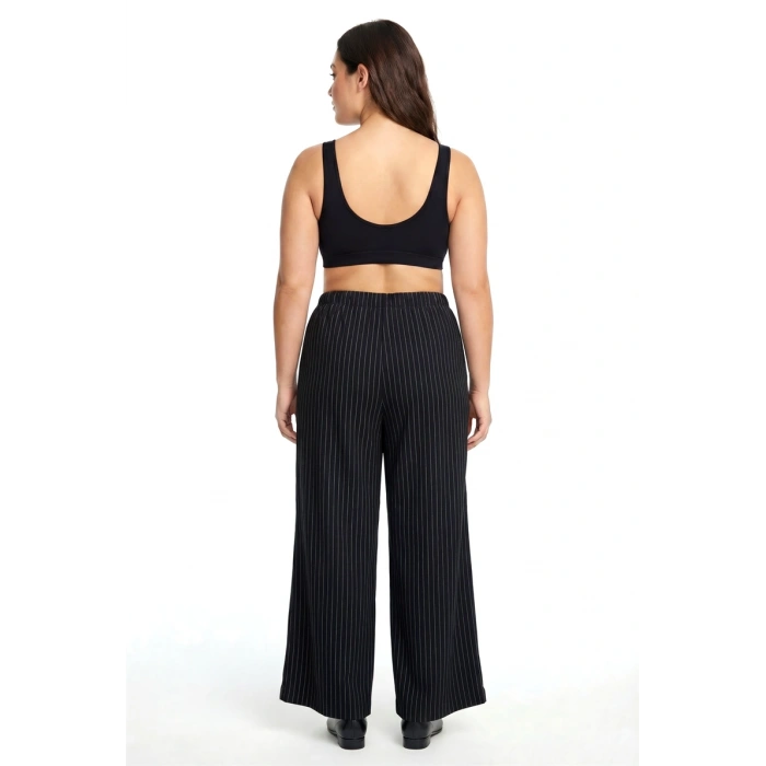 MARSiLYAN- Kadın Siyah İnce Çizgili Büyük Beden Cepli Pijama Altı