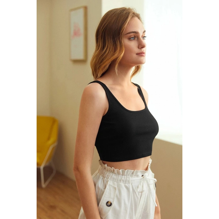 MARSiLYAN- Kadın Siyah Kalın Askılı Crop Top Büstiyer