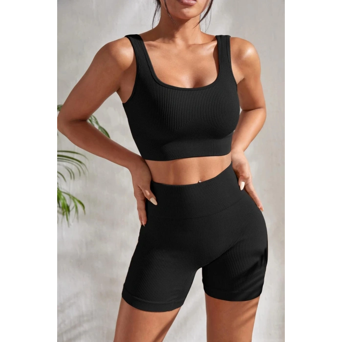 MARSiLYAN- Kadın Siyah Kalın Askılı Yüksek Bel Şortlu Gecelik Takımı