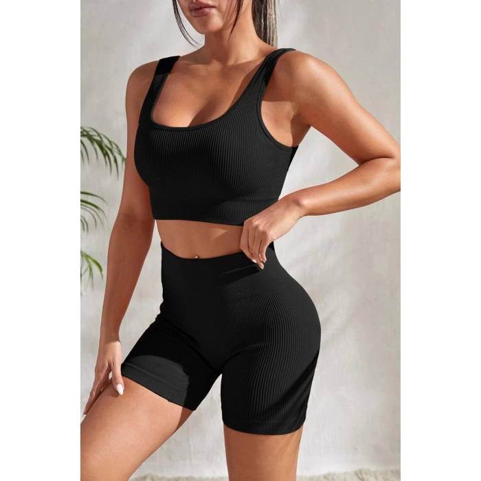 MARSiLYAN- Kadın Siyah Kalın Askılı Yüksek Bel Şortlu Gecelik Takımı