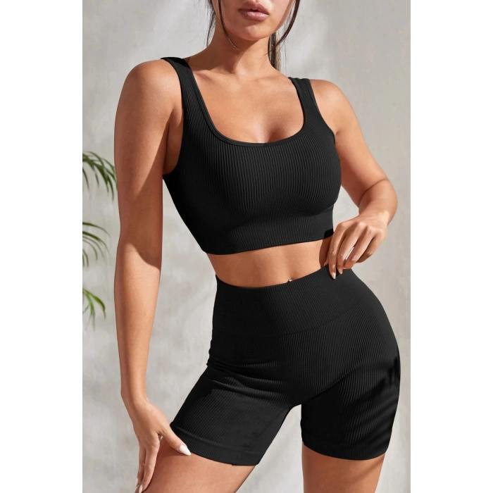 MARSiLYAN- Kadın Siyah Kalın Askılı Yüksek Bel Şortlu Gecelik Takımı