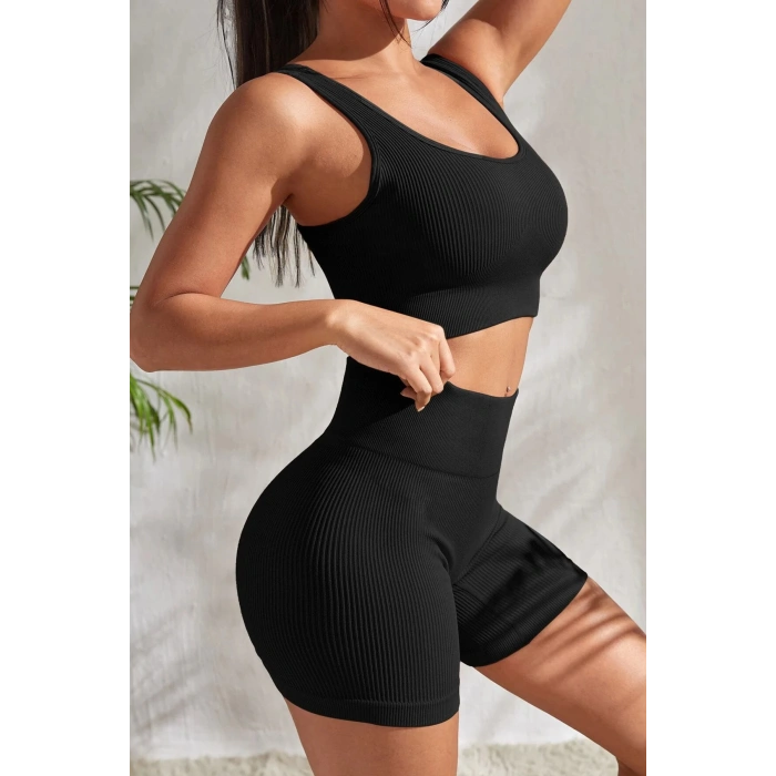 MARSiLYAN- Kadın Siyah Kalın Askılı Yüksek Bel Şortlu Gecelik Takımı