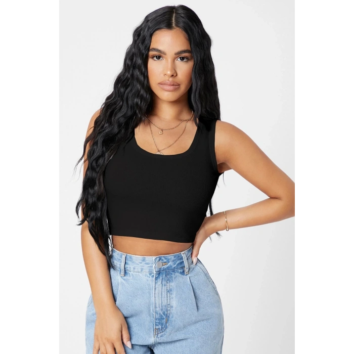 MARSiLYAN- Kadın Siyah Kare Yaka Crop Top Bluz