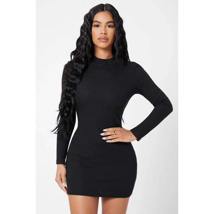 MARSiLYAN- Kadın Siyah Kaşkorse Balıkçı Yaka Uzun Kollu Bodycon Mini Elbise