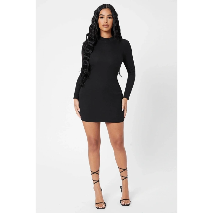 MARSiLYAN- Kadın Siyah Kaşkorse Balıkçı Yaka Uzun Kollu Bodycon Mini Elbise