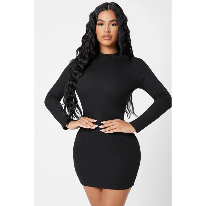 MARSiLYAN- Kadın Siyah Kaşkorse Balıkçı Yaka Uzun Kollu Bodycon Mini Elbise