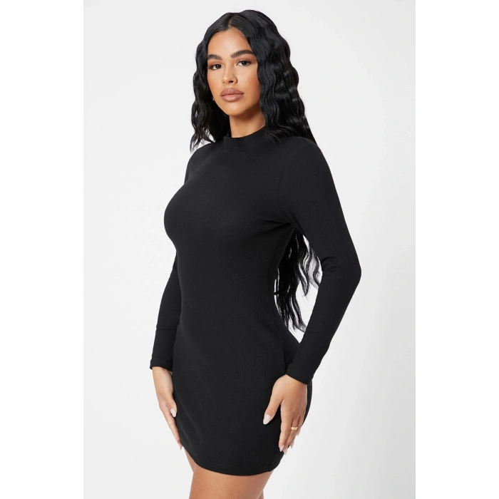 MARSiLYAN- Kadın Siyah Kaşkorse Balıkçı Yaka Uzun Kollu Bodycon Mini Elbise