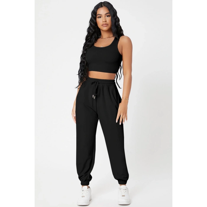 MARSiLYAN- Kadın Siyah Kaşkorse Cepli Jogger Eşofman Altı ve Crop Top Bluz