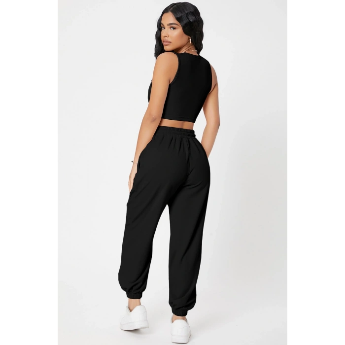 MARSiLYAN- Kadın Siyah Kaşkorse Cepli Jogger Eşofman Altı ve Crop Top Bluz
