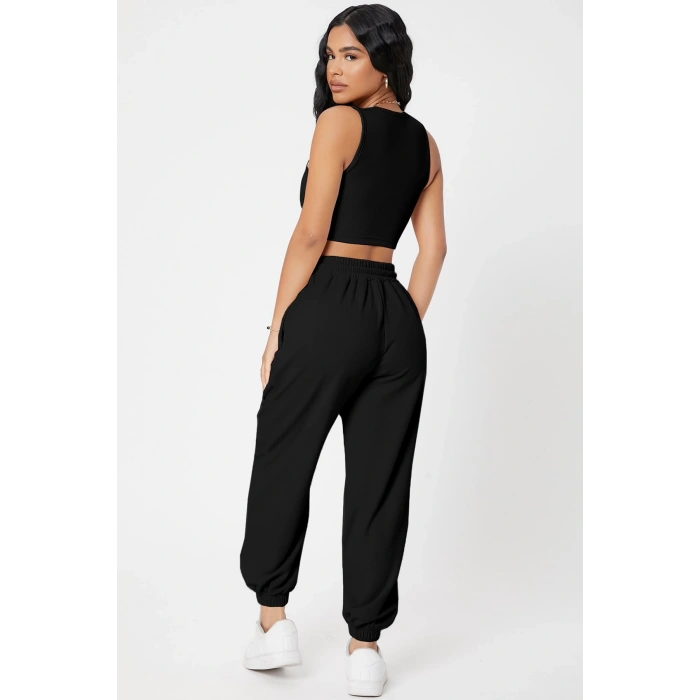 MARSiLYAN- Kadın Siyah Kaşkorse Cepli Jogger Eşofman Altı ve Crop Top Bluz