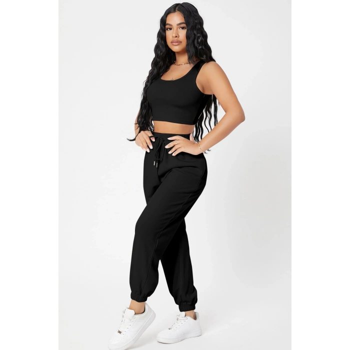 MARSiLYAN- Kadın Siyah Kaşkorse Cepli Jogger Eşofman Altı ve Crop Top Bluz
