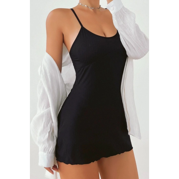 MARSiLYAN- Kadın Siyah Kaşkorse Ince Askılı Şık Gecelik