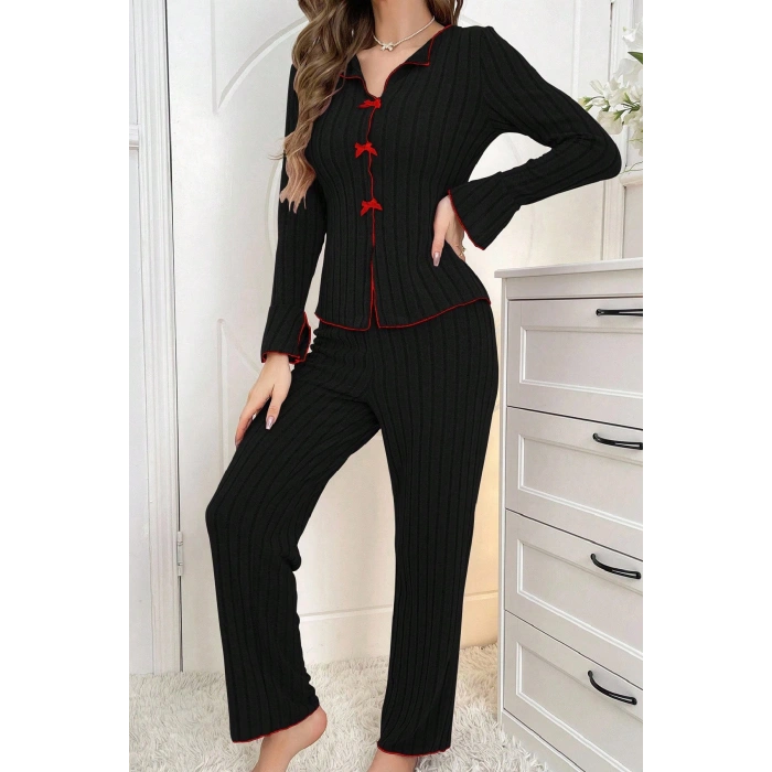 MARSiLYAN- Kadın Siyah Kırmızı Biyeli ve Fiyonklu Uzun Kollu Mevsimlik Pijama Takımı
