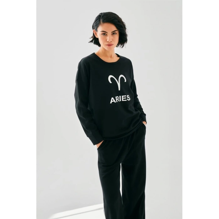 MARSiLYAN- Kadın Siyah Koç Burcu Oversize 2 İplik Eşofman Ev Giyim Takımı
