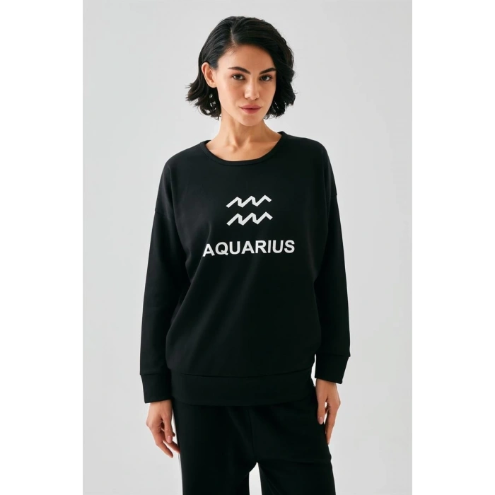 MARSiLYAN- Kadın Siyah Kova Burcu Oversize 2 İplik Eşofman Ev Giyim Takımı