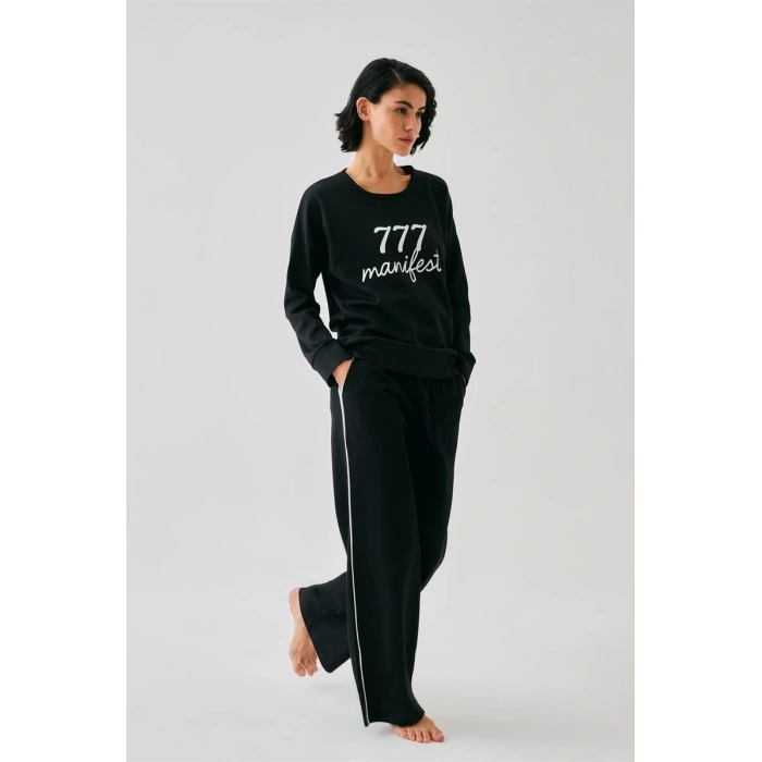 MARSiLYAN- Kadın Siyah Manifest Oversize 2 İplik Eşofman Ev Giyim Takımı