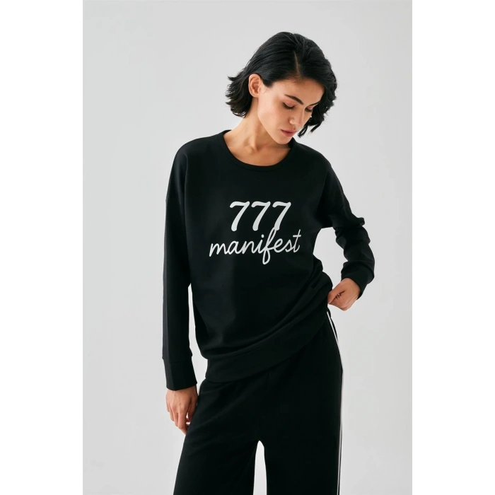 MARSiLYAN- Kadın Siyah Manifest Oversize 2 İplik Eşofman Ev Giyim Takımı