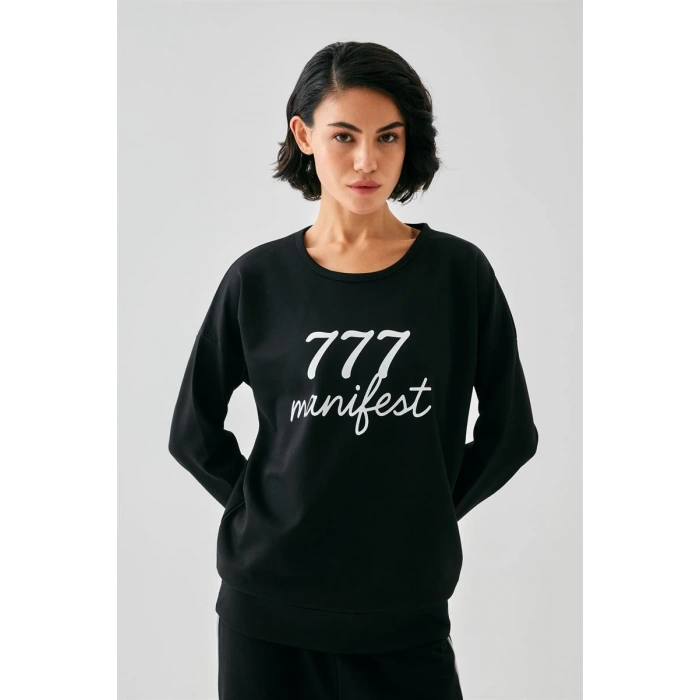 MARSiLYAN- Kadın Siyah Manifest Oversize 2 İplik Eşofman Ev Giyim Takımı