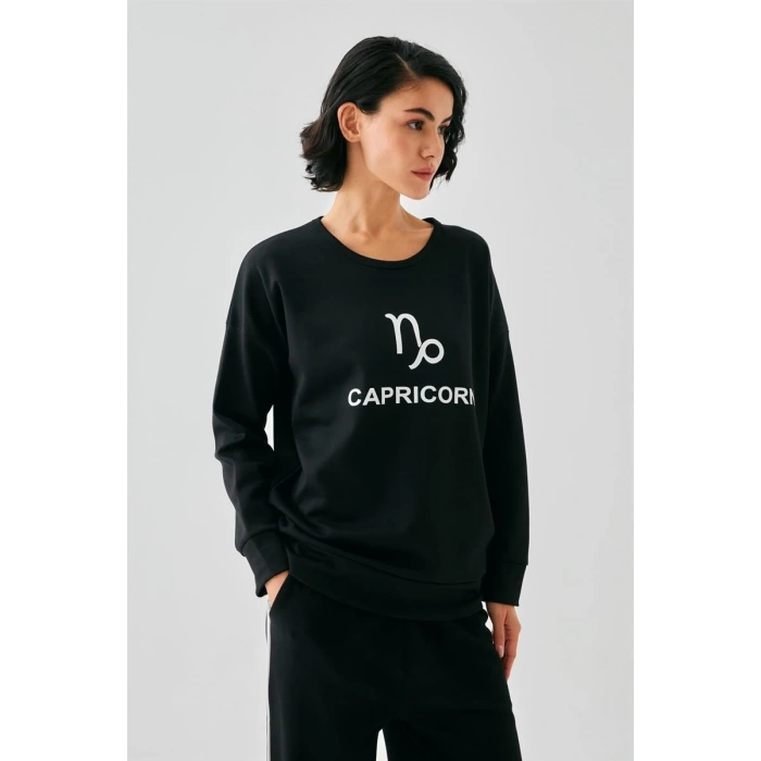 MARSiLYAN- Kadın Siyah Oğlak Burcu Oversize 2 İplik Eşofman Ev Giyim Takımı