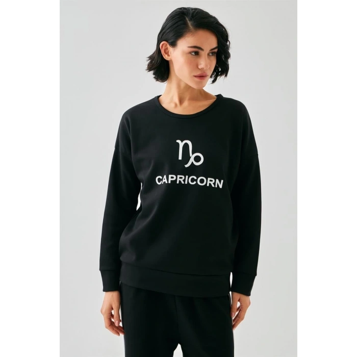 MARSiLYAN- Kadın Siyah Oğlak Burcu Oversize 2 İplik Eşofman Ev Giyim Takımı