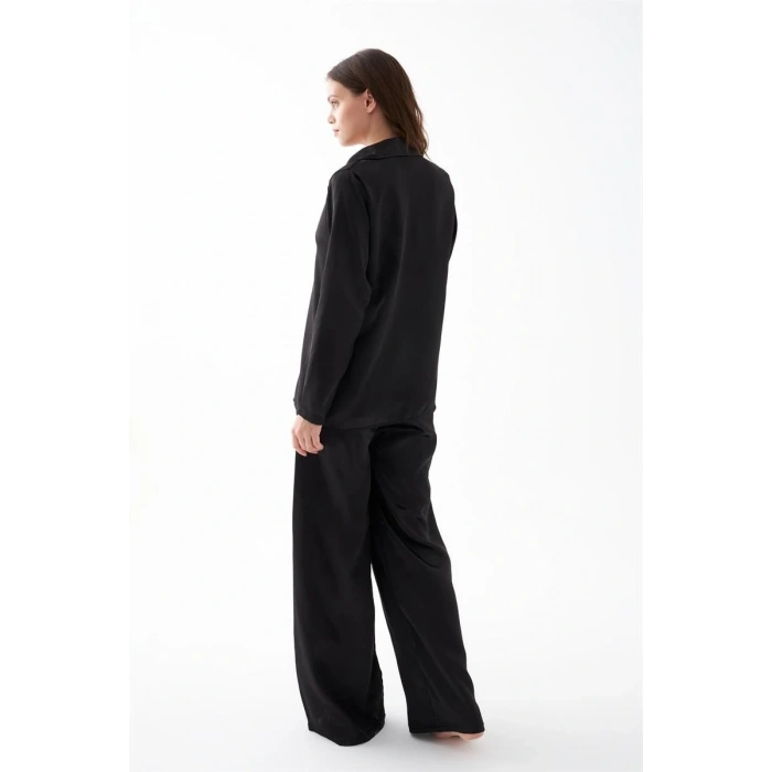 MARSiLYAN- Kadın Siyah Oversize Saten Pijama Takımı – Rahat Kesim Şık Ev Giyim Seti