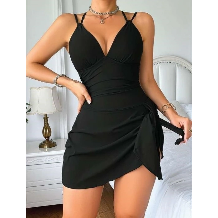 MARSiLYAN- Kadın Siyah Özel Tasarım Göğüs Dekolteli Yandan Bağlamalı Mini Club Elbisesi Şık Gece Giyim