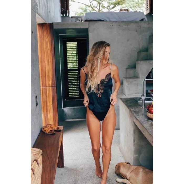 MARSiLYAN- Kadın Siyah Saten Dantel Işlemli Tulum Gecelik