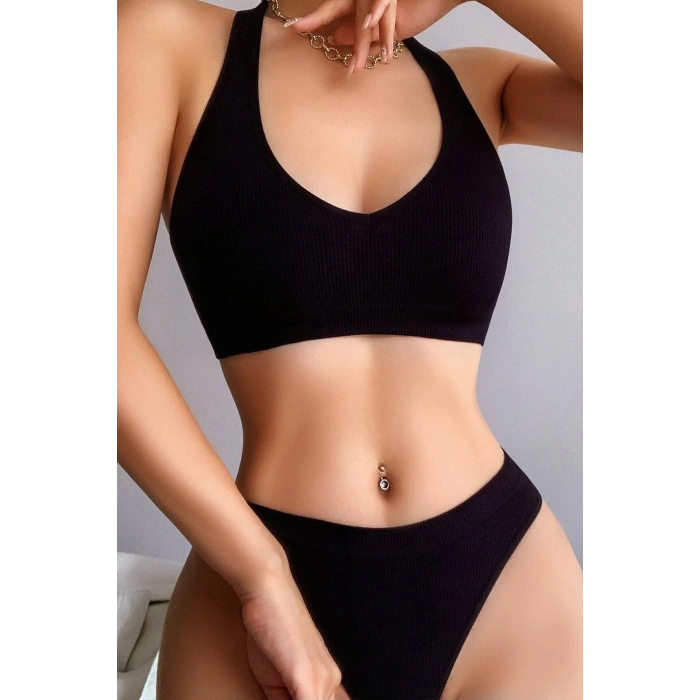 MARSiLYAN- Kadın Siyah Seamless Tanga Sütyen Takım