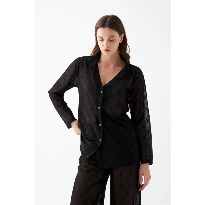 MARSiLYAN- Kadın Siyah Şeffaf Jakar Düğmeli Pijama Takımı