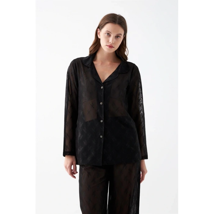 MARSiLYAN- Kadın Siyah Şeffaf Jakar Düğmeli Pijama Takımı
