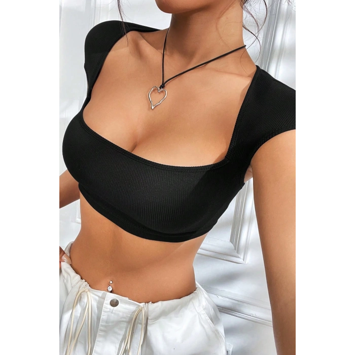 MARSiLYAN- Kadın Siyah Sırt Dekolteli ve Boyundan Bağlamalı Yarım Kol Crop Top Bluz