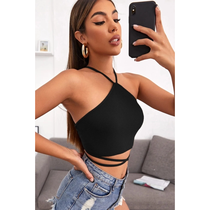 MARSiLYAN- Kadın Siyah Sırtı Açık Boyundan Çapraz Bağlamalı Crop Top Bluz