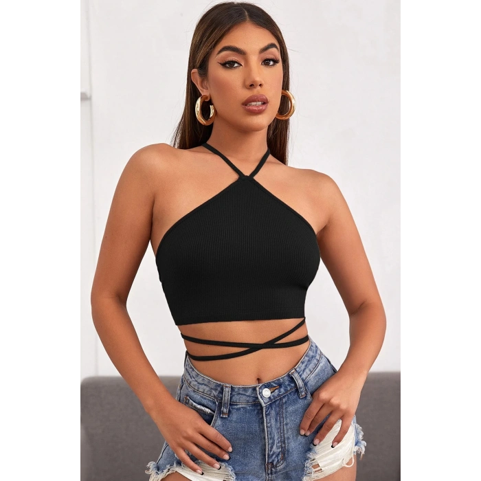 MARSiLYAN- Kadın Siyah Sırtı Açık Boyundan Çapraz Bağlamalı Crop Top Bluz