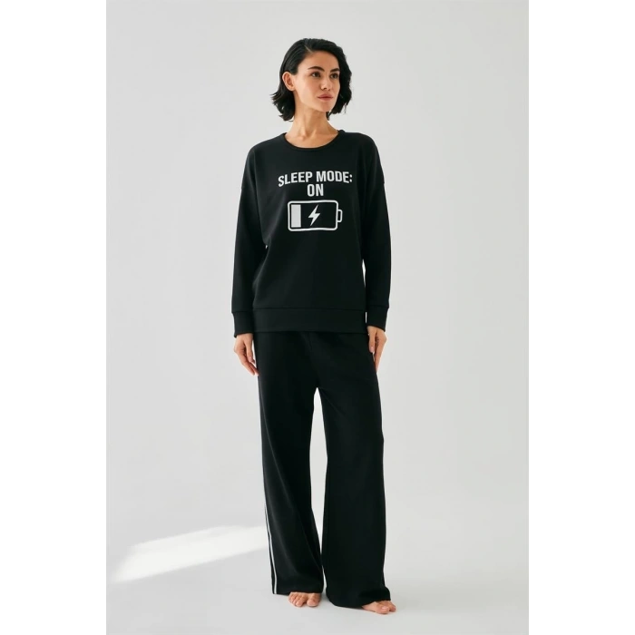 MARSiLYAN- Kadın Siyah Sleep Mode ON Oversize 2 İplik Eşofman Ev Giyim Takımı